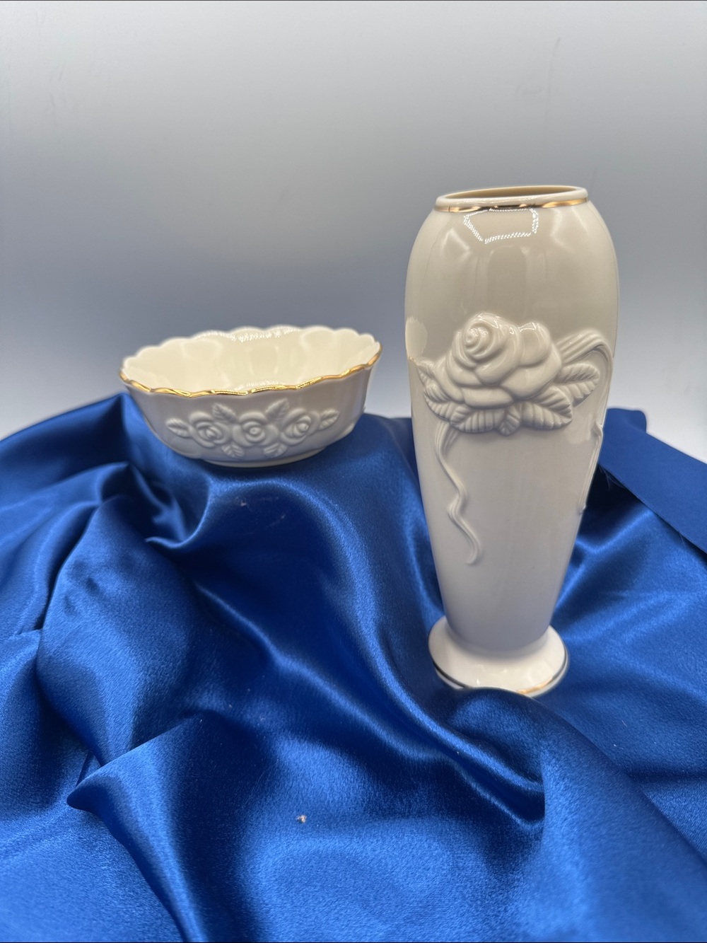 Lenox Rosebud / Rose Blossom Collection Vase and Candy Dish. Ivory porcelain